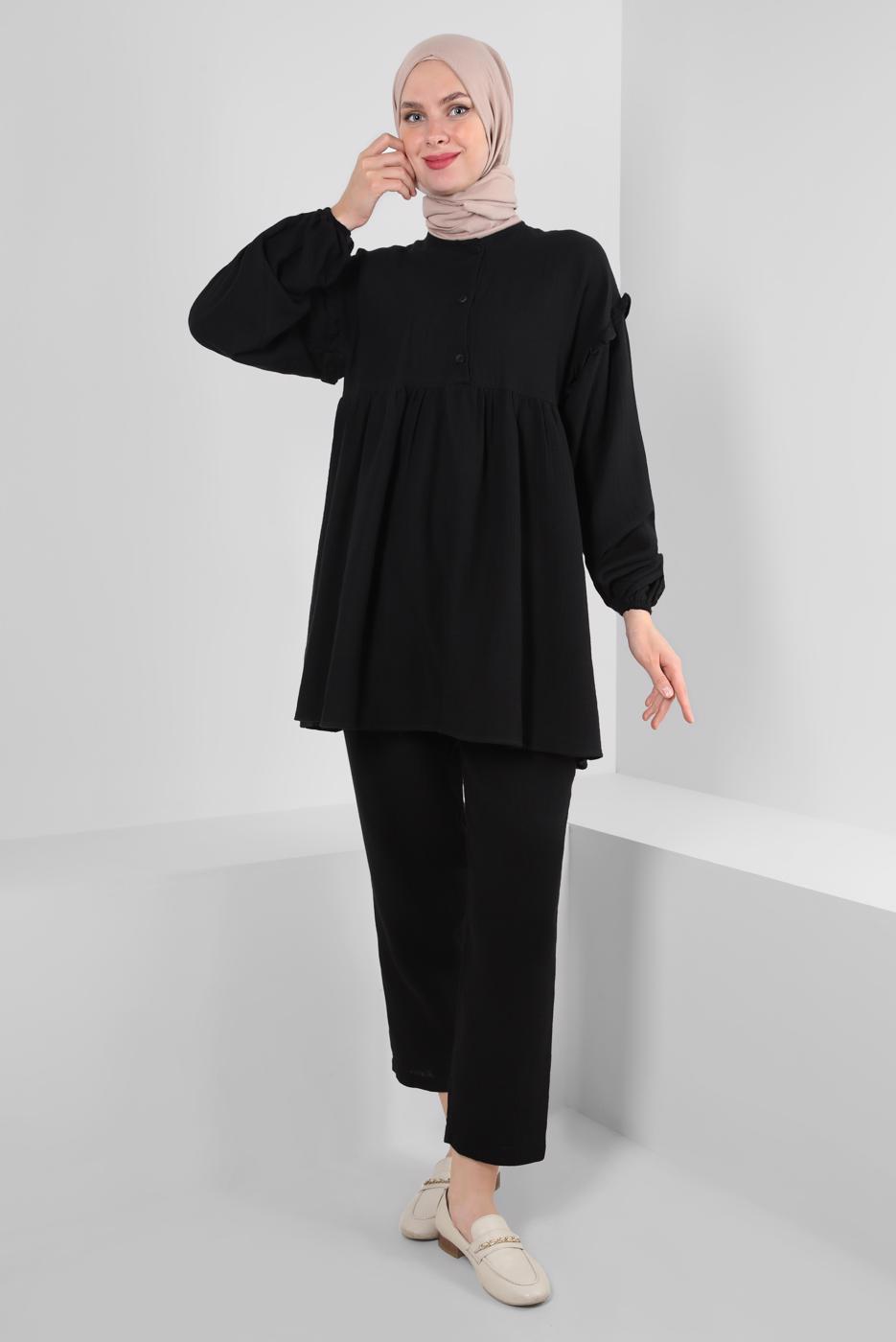 Hijab clothing BLACK FRILLED SALAS PANTS SUIT WITH EMPIRE SEAM T 20188
