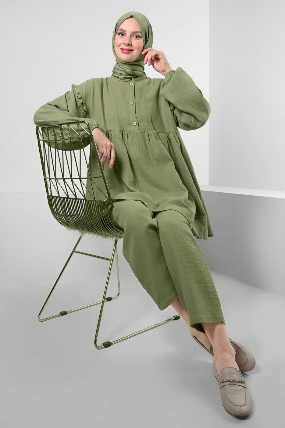 Hijab clothing KHAKI FRILLED SALAS PANTS SUIT WITH EMPIRE SEAM T 20188