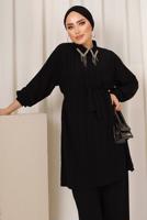 Tesettür giyim SİYAH YAKASI TAŞ DETAYLI İKİLİ PANTOLONLU TAKIM T 2103