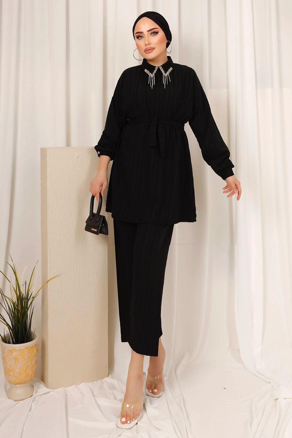 Tesettür giyim SİYAH YAKASI TAŞ DETAYLI İKİLİ PANTOLONLU TAKIM T 2103