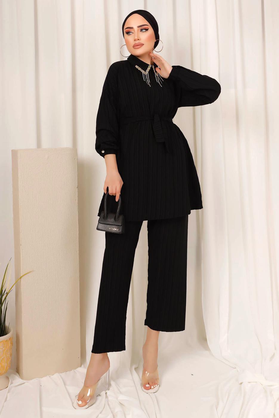Tesettür giyim SİYAH YAKASI TAŞ DETAYLI İKİLİ PANTOLONLU TAKIM T 2103