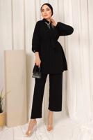 Tesettür giyim SİYAH YAKASI TAŞ DETAYLI İKİLİ PANTOLONLU TAKIM T 2103