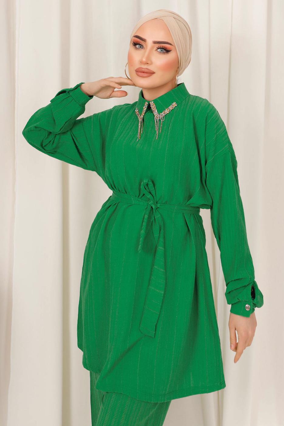 Tesettür giyim YEŞİL YAKASI TAŞ DETAYLI İKİLİ PANTOLONLU TAKIM T 2103