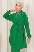 Tesettür giyim YEŞİL YAKASI TAŞ DETAYLI İKİLİ PANTOLONLU TAKIM T 2103