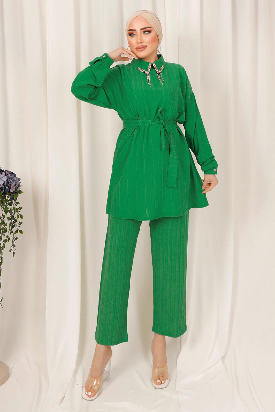 Tesettür giyim YEŞİL YAKASI TAŞ DETAYLI İKİLİ PANTOLONLU TAKIM T 2103