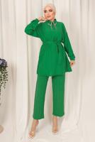 Tesettür giyim YEŞİL YAKASI TAŞ DETAYLI İKİLİ PANTOLONLU TAKIM T 2103
