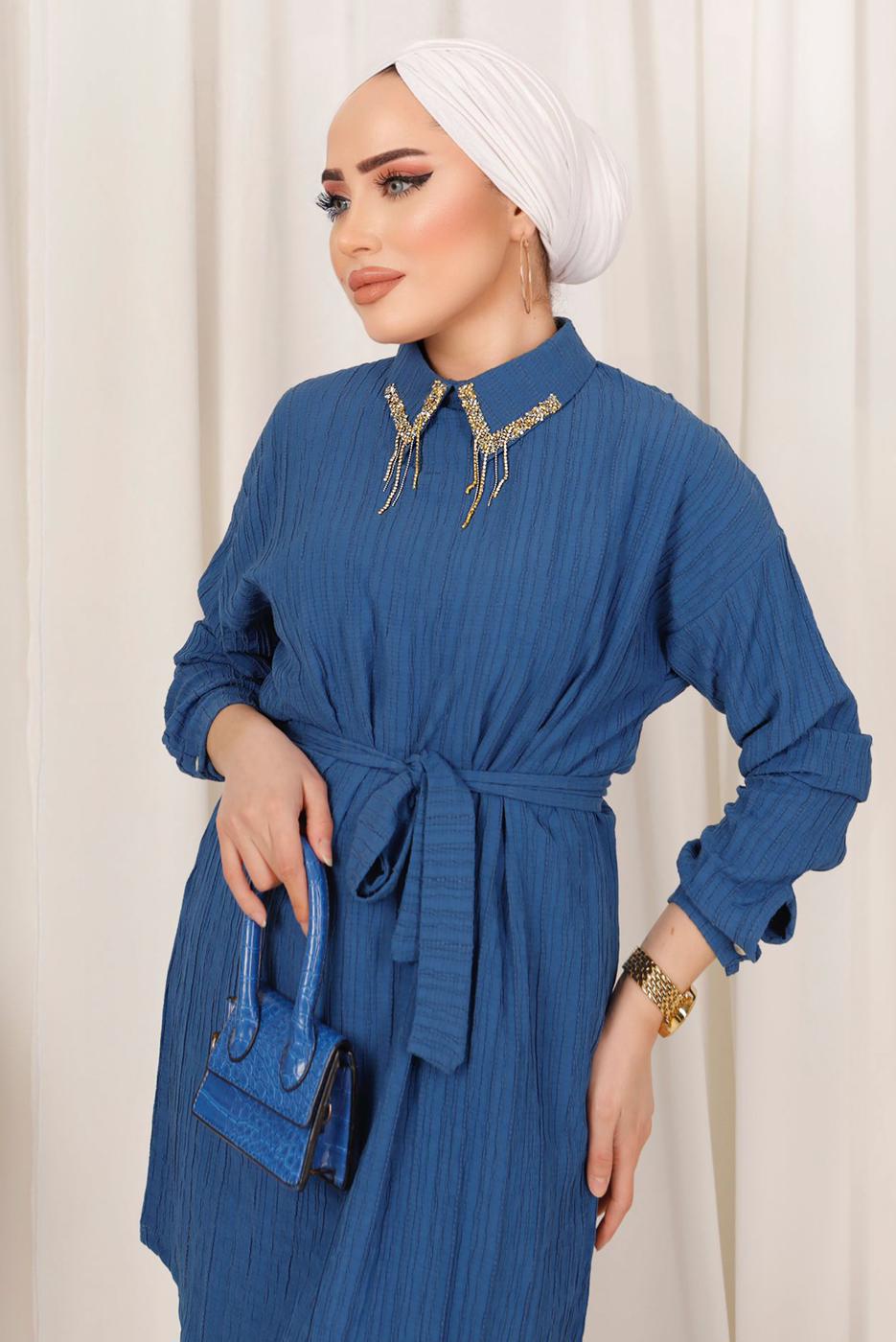 Tesettür giyim LACİVERT YAKASI TAŞ DETAYLI İKİLİ PANTOLONLU TAKIM T 2103