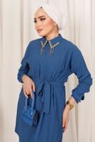 Tesettür giyim LACİVERT YAKASI TAŞ DETAYLI İKİLİ PANTOLONLU TAKIM T 2103