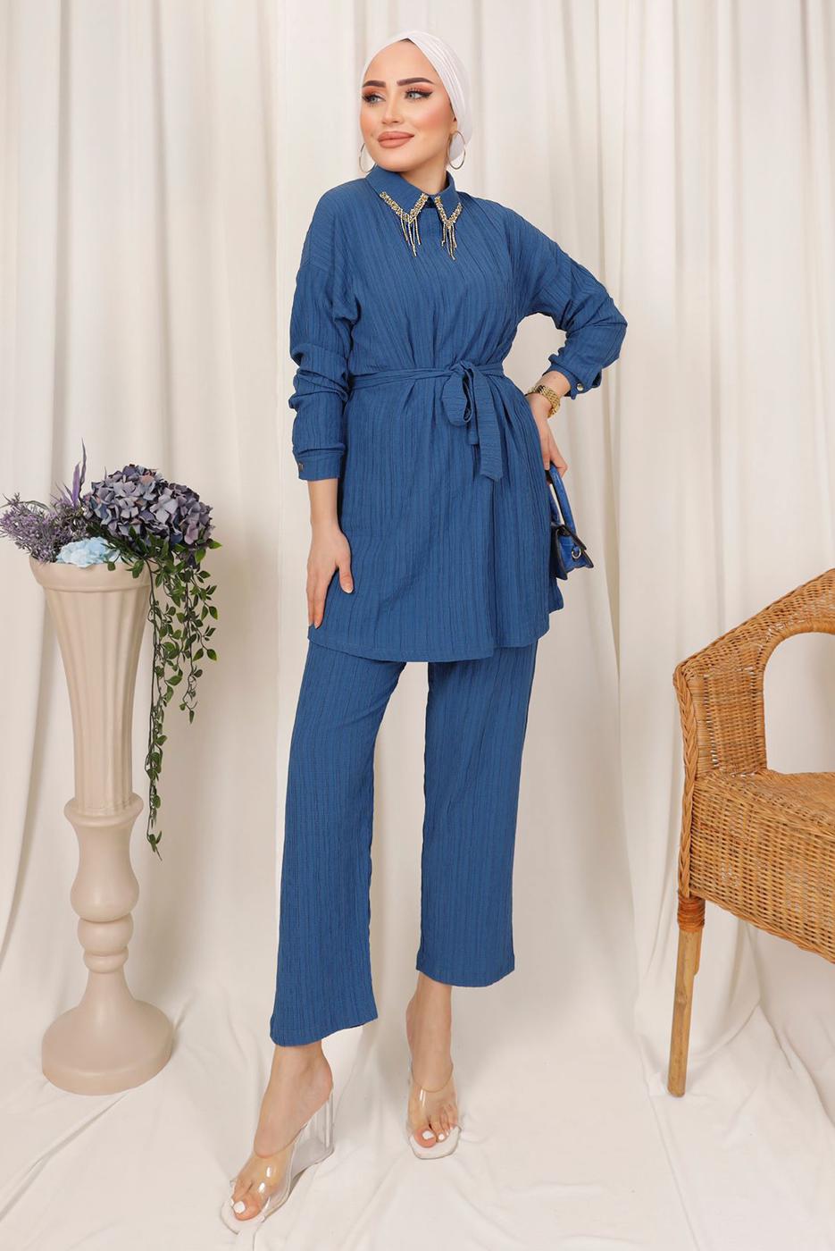 Tesettür giyim LACİVERT YAKASI TAŞ DETAYLI İKİLİ PANTOLONLU TAKIM T 2103