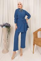 Tesettür giyim LACİVERT YAKASI TAŞ DETAYLI İKİLİ PANTOLONLU TAKIM T 2103