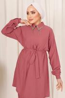 Tesettür giyim PEMBE YAKASI TAŞ DETAYLI İKİLİ PANTOLONLU TAKIM T 2103