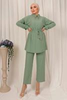 Tesettür giyim YEŞİL YAKASI TAŞ DETAYLI İKİLİ PANTOLONLU TAKIM T 2103