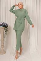 Tesettür giyim YEŞİL YAKASI TAŞ DETAYLI İKİLİ PANTOLONLU TAKIM T 2103