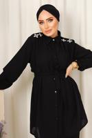 Tesettür giyim SİYAH OMUZLARI TAŞ DETAYLI KUŞAKLI PANTOLONLU TAKIM T 2303