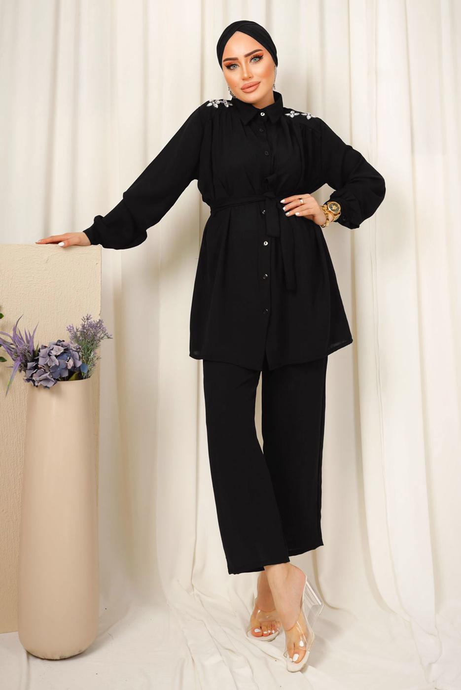 Tesettür giyim SİYAH OMUZLARI TAŞ DETAYLI KUŞAKLI PANTOLONLU TAKIM T 2303