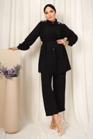 Tesettür giyim SİYAH OMUZLARI TAŞ DETAYLI KUŞAKLI PANTOLONLU TAKIM T 2303
