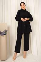 Tesettür giyim SİYAH OMUZLARI TAŞ DETAYLI KUŞAKLI PANTOLONLU TAKIM T 2303
