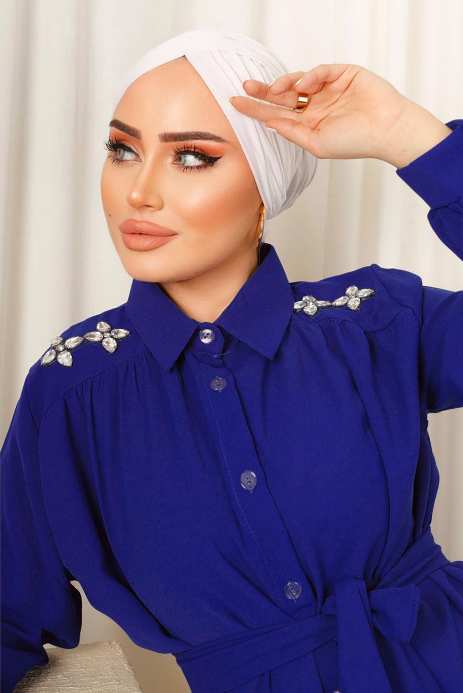 Tesettür giyim LACİVERT OMUZLARI TAŞ DETAYLI KUŞAKLI PANTOLONLU TAKIM T 2303