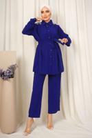 Tesettür giyim LACİVERT OMUZLARI TAŞ DETAYLI KUŞAKLI PANTOLONLU TAKIM T 2303