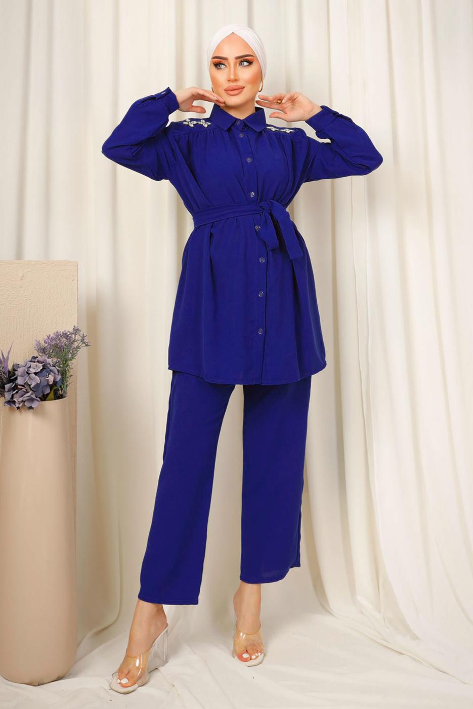 Tesettür giyim LACİVERT OMUZLARI TAŞ DETAYLI KUŞAKLI PANTOLONLU TAKIM T 2303