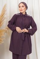 Tesettür giyim MOR OMUZLARI TAŞ DETAYLI KUŞAKLI PANTOLONLU TAKIM T 2303