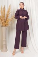 Tesettür giyim MOR OMUZLARI TAŞ DETAYLI KUŞAKLI PANTOLONLU TAKIM T 2303