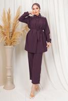 Tesettür giyim MOR OMUZLARI TAŞ DETAYLI KUŞAKLI PANTOLONLU TAKIM T 2303