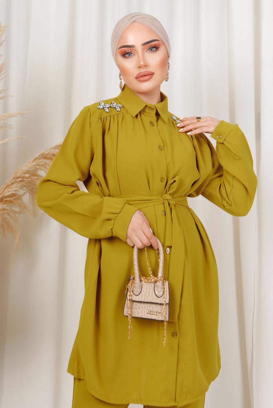 Tesettür giyim YEŞİL OMUZLARI TAŞ DETAYLI KUŞAKLI PANTOLONLU TAKIM T 2303