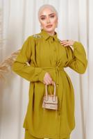 Tesettür giyim YEŞİL OMUZLARI TAŞ DETAYLI KUŞAKLI PANTOLONLU TAKIM T 2303