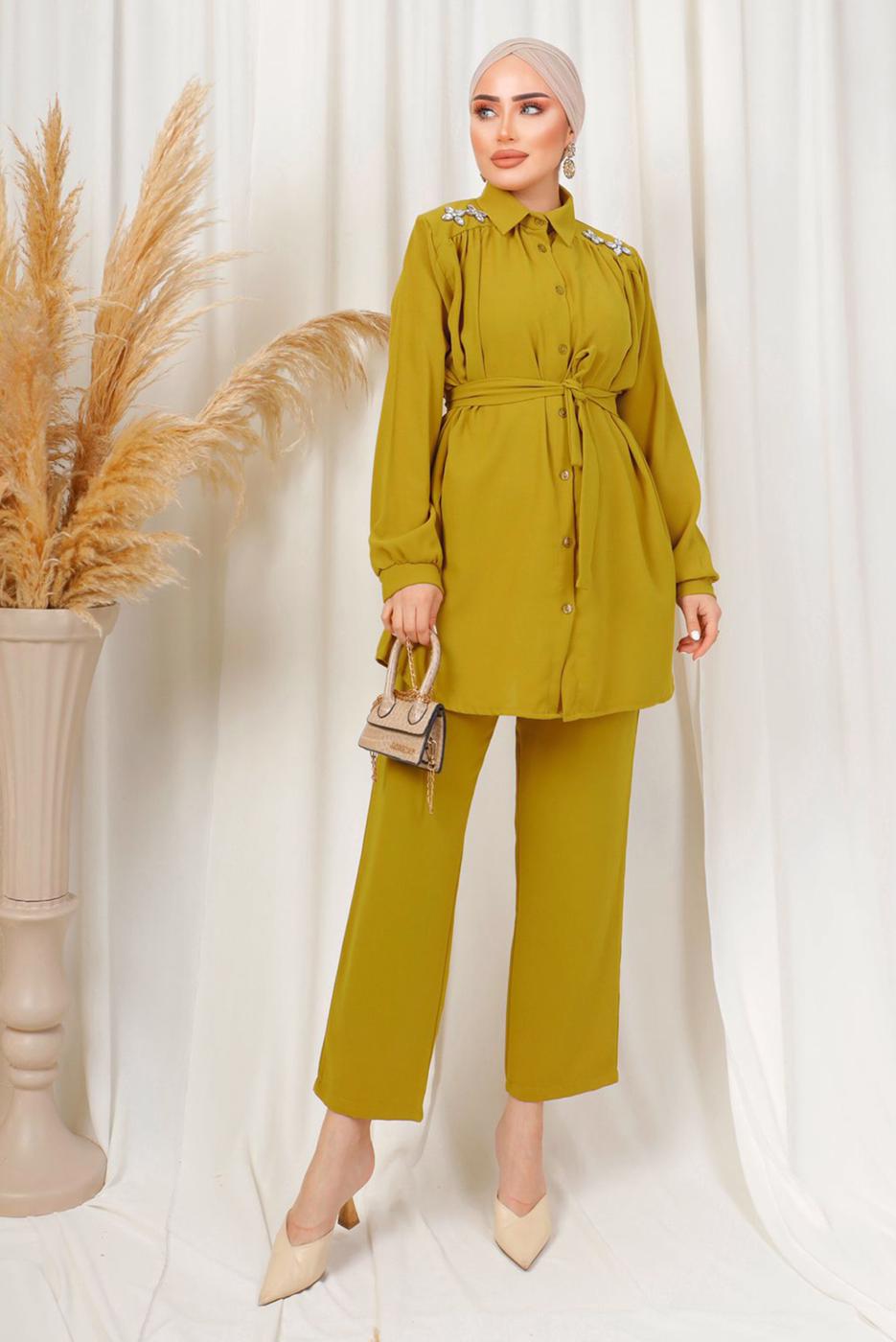 Tesettür giyim YEŞİL OMUZLARI TAŞ DETAYLI KUŞAKLI PANTOLONLU TAKIM T 2303