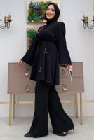 Tesettür giyim SİYAH TAŞ İŞLEME DETAYLI KUŞAKLI KREP TAKIM T 2348