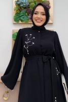Tesettür giyim SİYAH TAŞ İŞLEME DETAYLI KUŞAKLI KREP TAKIM T 2348