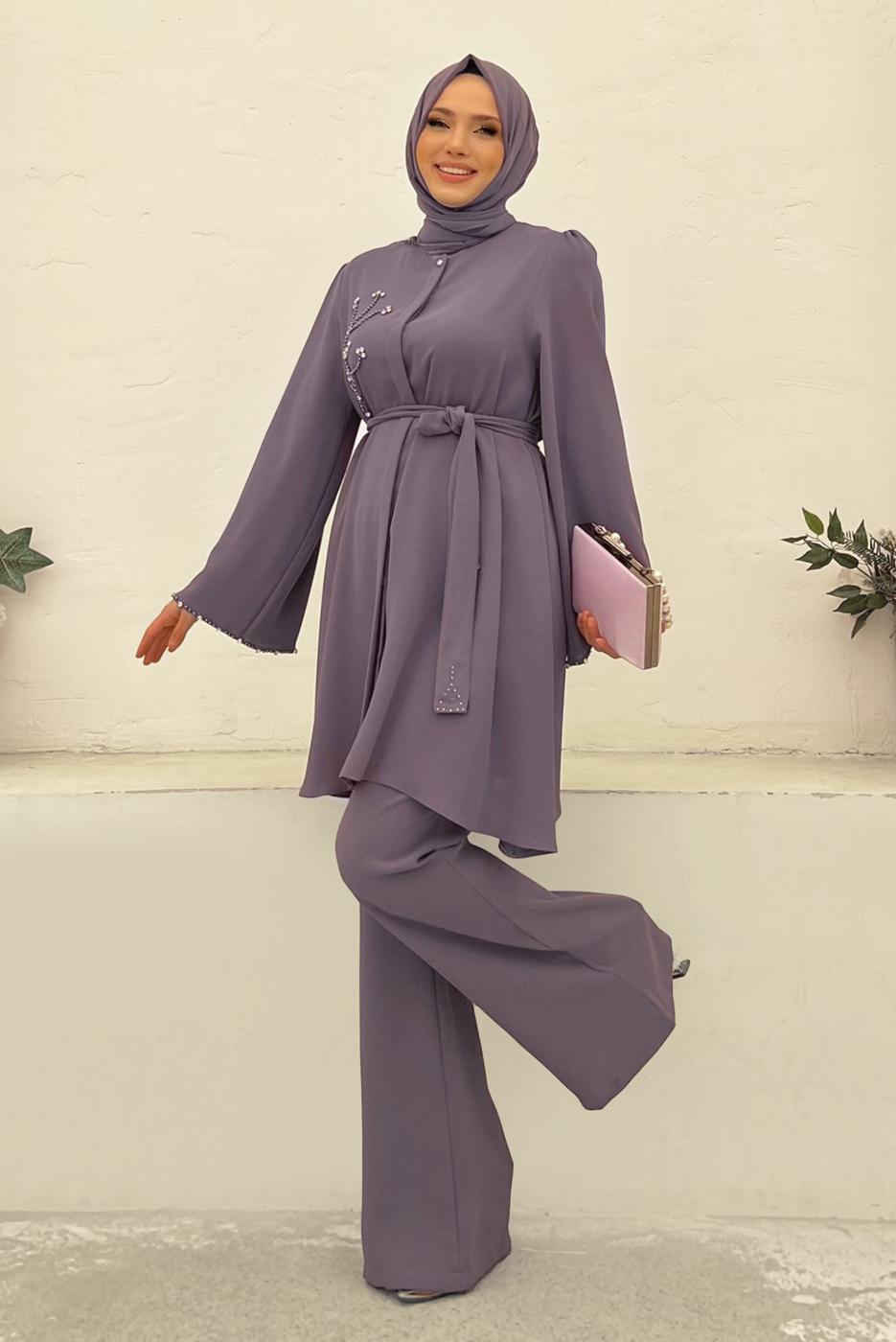 Tesettür giyim MOR TAŞ İŞLEME DETAYLI KUŞAKLI KREP TAKIM T 2348