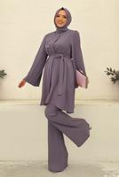 Tesettür giyim MOR TAŞ İŞLEME DETAYLI KUŞAKLI KREP TAKIM T 2348