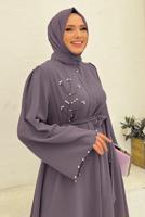 Tesettür giyim MOR TAŞ İŞLEME DETAYLI KUŞAKLI KREP TAKIM T 2348