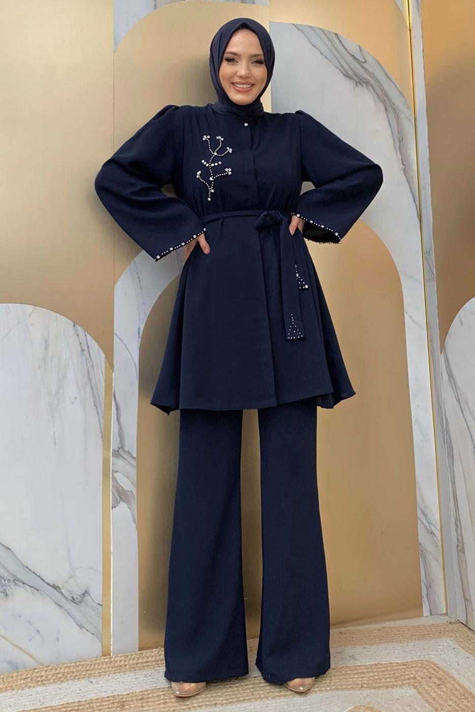 Tesettür giyim LACİVERT TAŞ İŞLEME DETAYLI KUŞAKLI KREP TAKIM T 2348