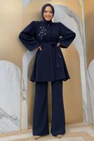 Tesettür giyim LACİVERT TAŞ İŞLEME DETAYLI KUŞAKLI KREP TAKIM T 2348