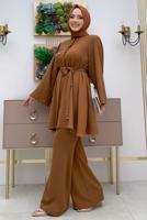 Tesettür giyim TABA TAŞ İŞLEME DETAYLI KUŞAKLI KREP TAKIM T 2348