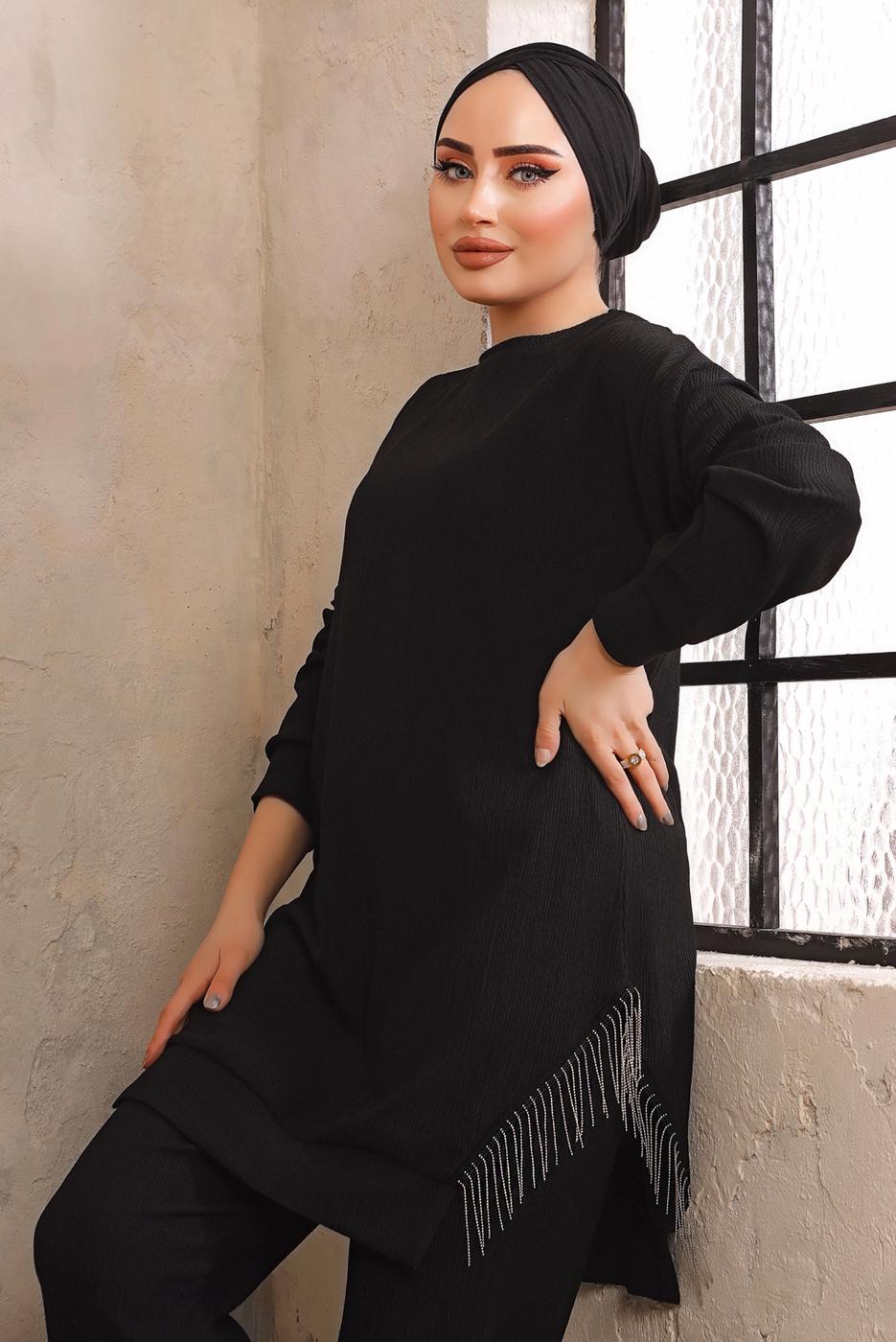 Tesettür giyim SİYAH ZİNCİR DETAYLI İKİLİ PANTOLONLU TAKIM T 2492