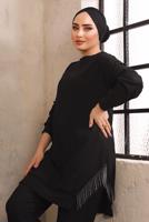 Tesettür giyim SİYAH ZİNCİR DETAYLI İKİLİ PANTOLONLU TAKIM T 2492