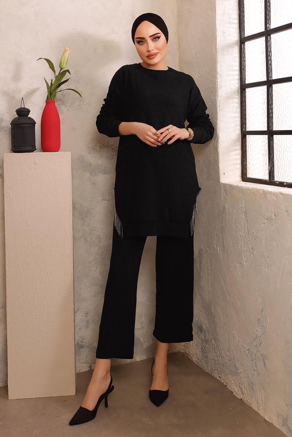 Tesettür giyim SİYAH ZİNCİR DETAYLI İKİLİ PANTOLONLU TAKIM T 2492