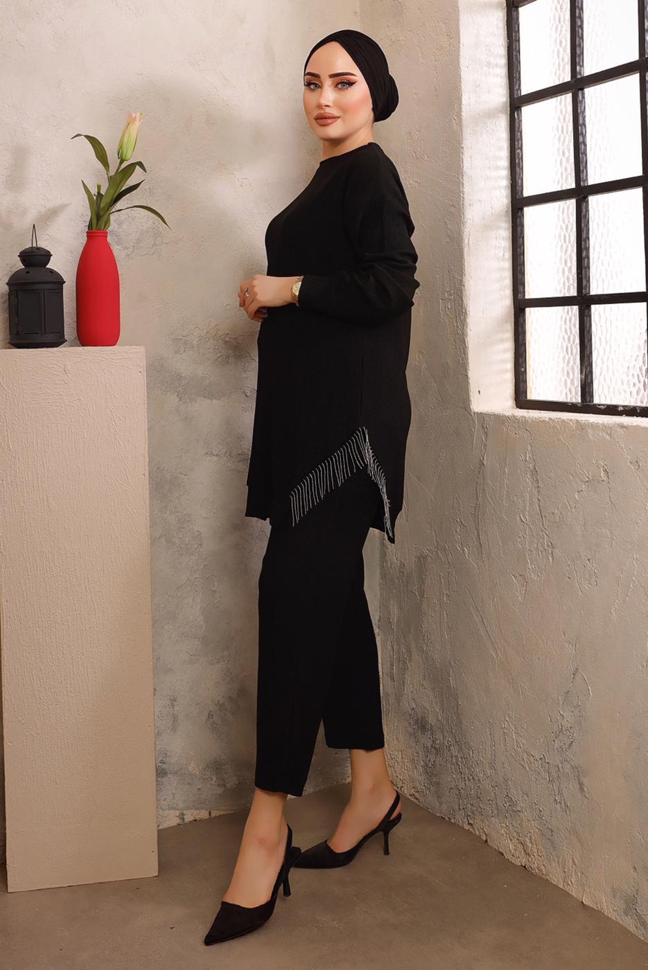 Tesettür giyim SİYAH ZİNCİR DETAYLI İKİLİ PANTOLONLU TAKIM T 2492