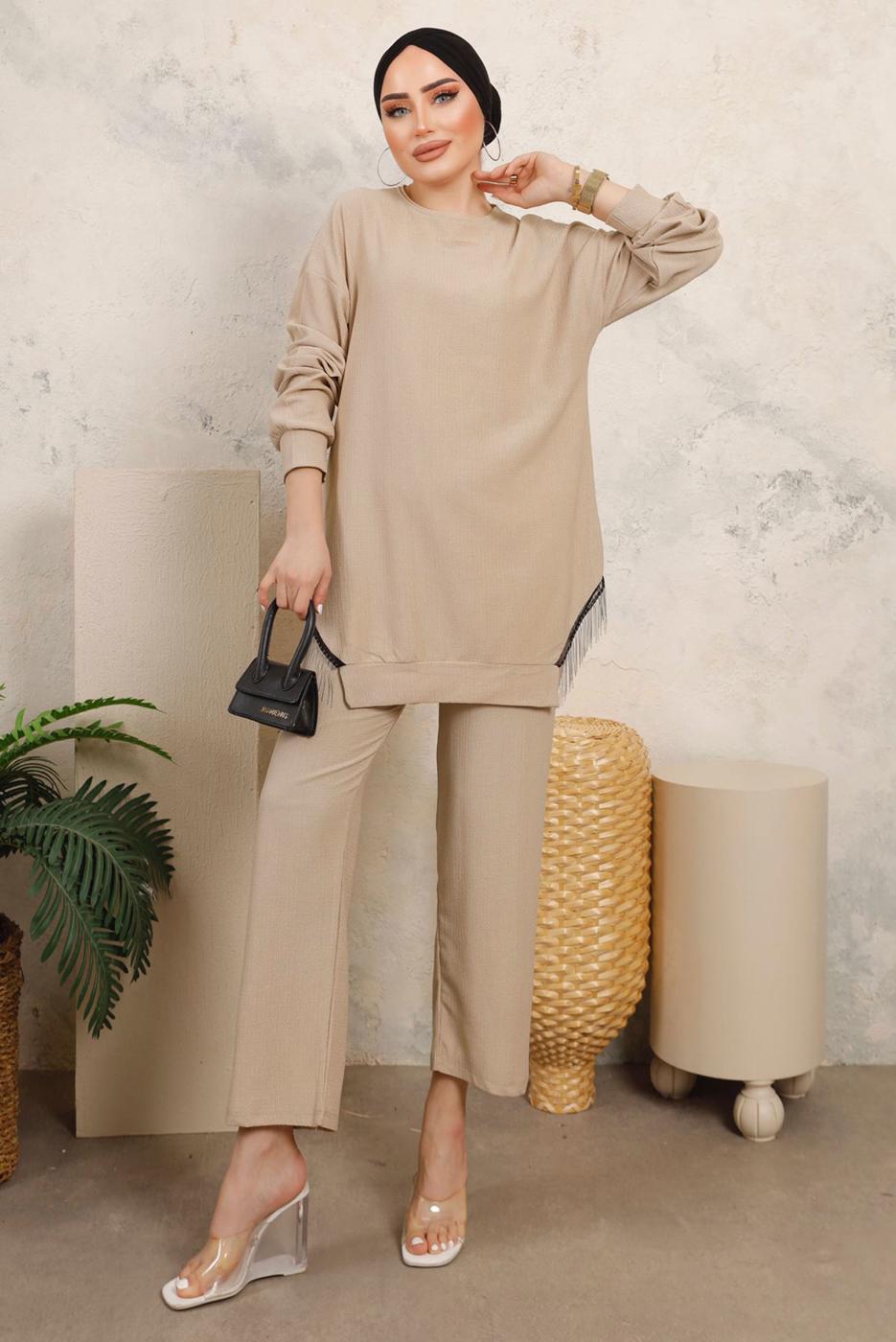 Tesettür giyim BEJ ZİNCİR DETAYLI İKİLİ PANTOLONLU TAKIM T 2492