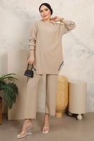 Tesettür giyim BEJ ZİNCİR DETAYLI İKİLİ PANTOLONLU TAKIM T 2492