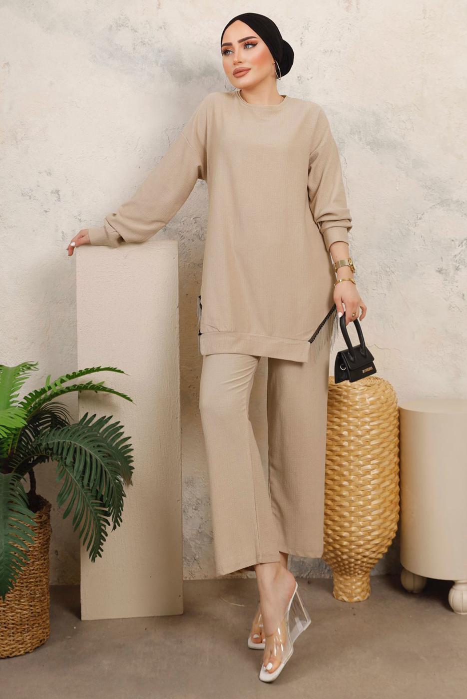 Tesettür giyim BEJ ZİNCİR DETAYLI İKİLİ PANTOLONLU TAKIM T 2492