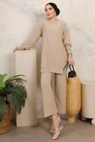 Tesettür giyim BEJ ZİNCİR DETAYLI İKİLİ PANTOLONLU TAKIM T 2492