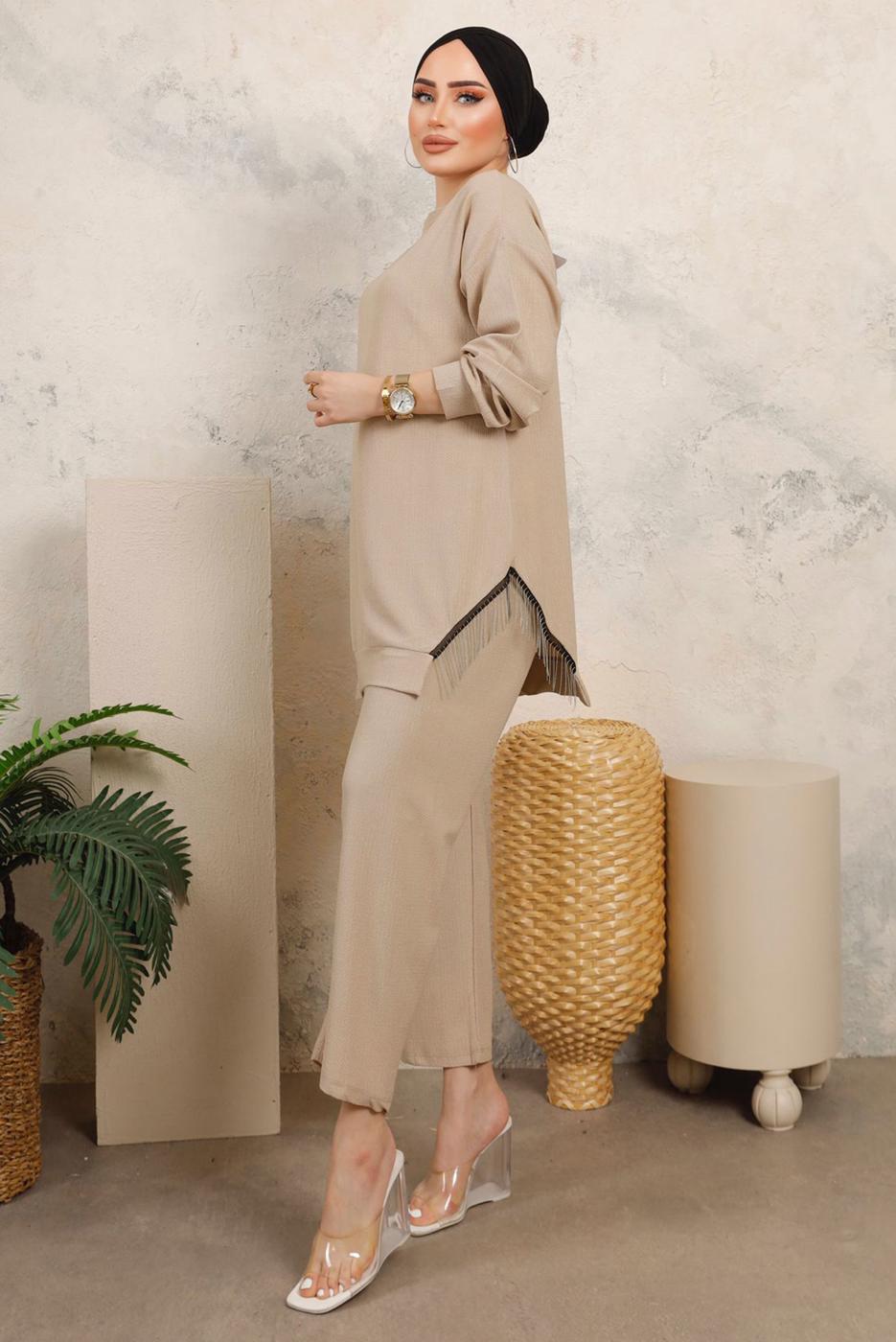 Tesettür giyim BEJ ZİNCİR DETAYLI İKİLİ PANTOLONLU TAKIM T 2492