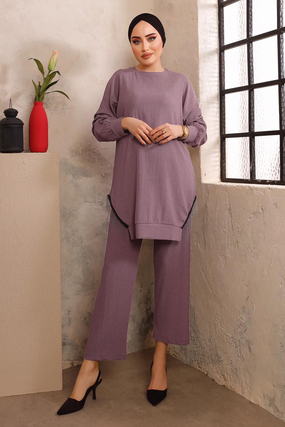 Tesettür giyim MOR ZİNCİR DETAYLI İKİLİ PANTOLONLU TAKIM T 2492