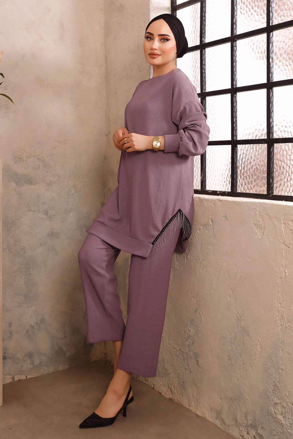 Tesettür giyim MOR ZİNCİR DETAYLI İKİLİ PANTOLONLU TAKIM T 2492