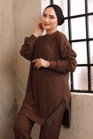 Tesettür giyim KAHVE ZİNCİR DETAYLI İKİLİ PANTOLONLU TAKIM T 2492